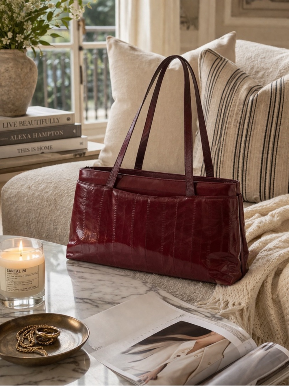 Vintage 90s Burgundy Sunco Korea Eel Skin Bag | Slim Minimalist Quiet Luxury - Picture 12 of 16